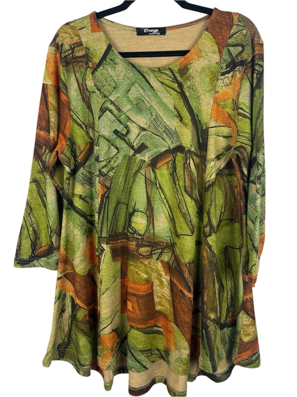 Orange Fashion Village Abstract Art Knit Tunic Top Dress L/XL Green Earthy